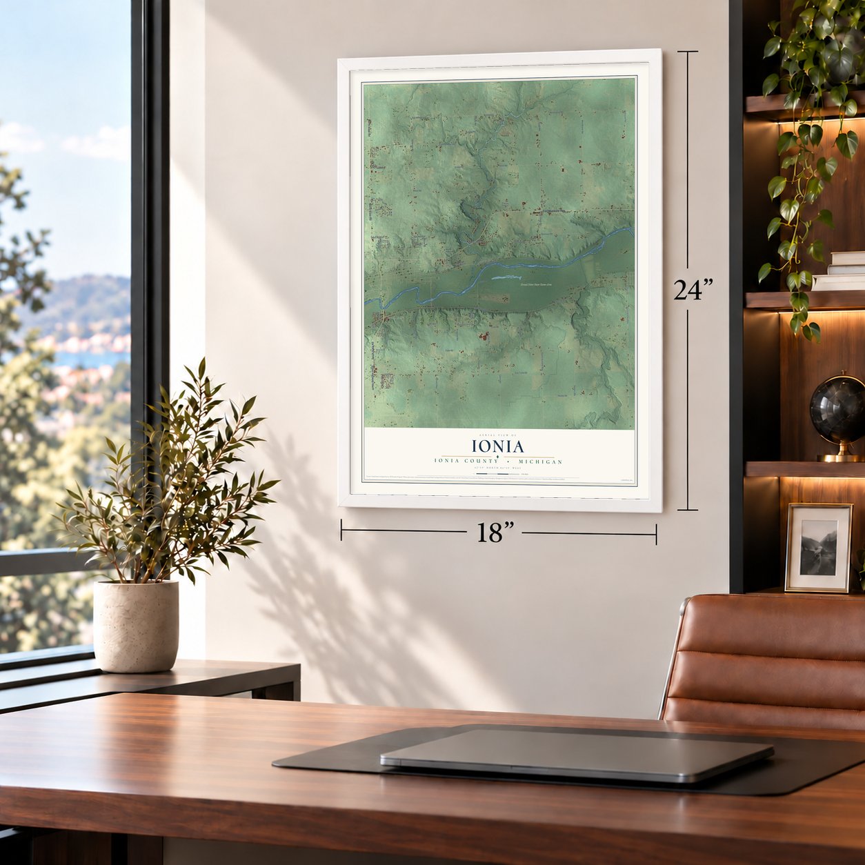 Ionia, Ionia County, Michigan map, 18 x 24 inch print in a white frame in a home office