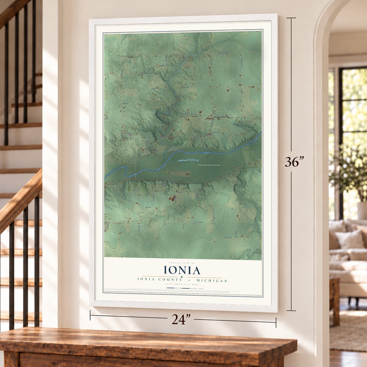 Ionia, Ionia County, Michigan map, 24 x 36 inch print in a white frame by a staircase