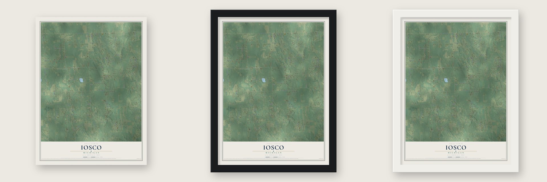Iosco, Michigan map unframed, in a black wood frame and in a white wood frame
