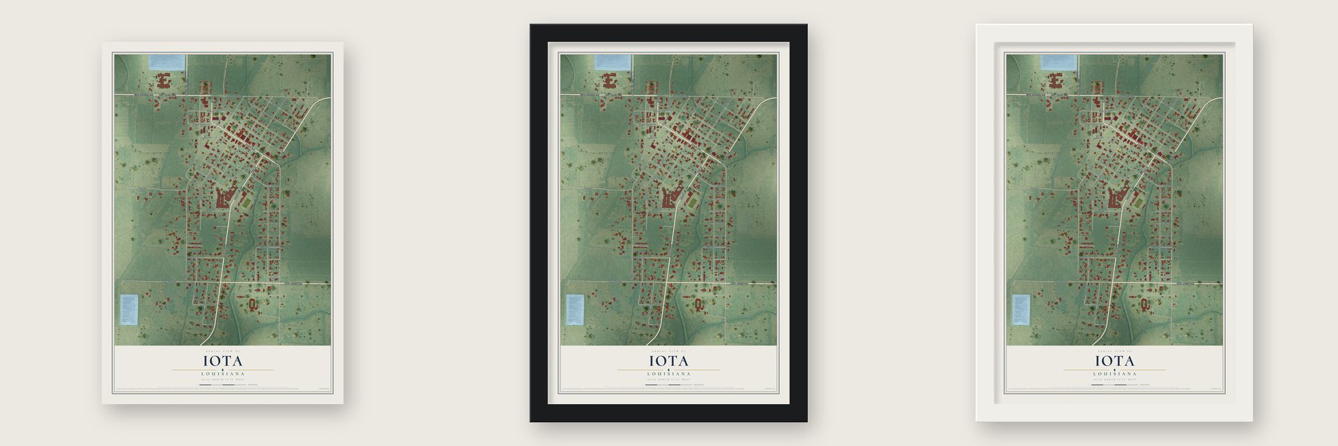 Iota, Louisiana map unframed, in a black wood frame and in a white wood frame