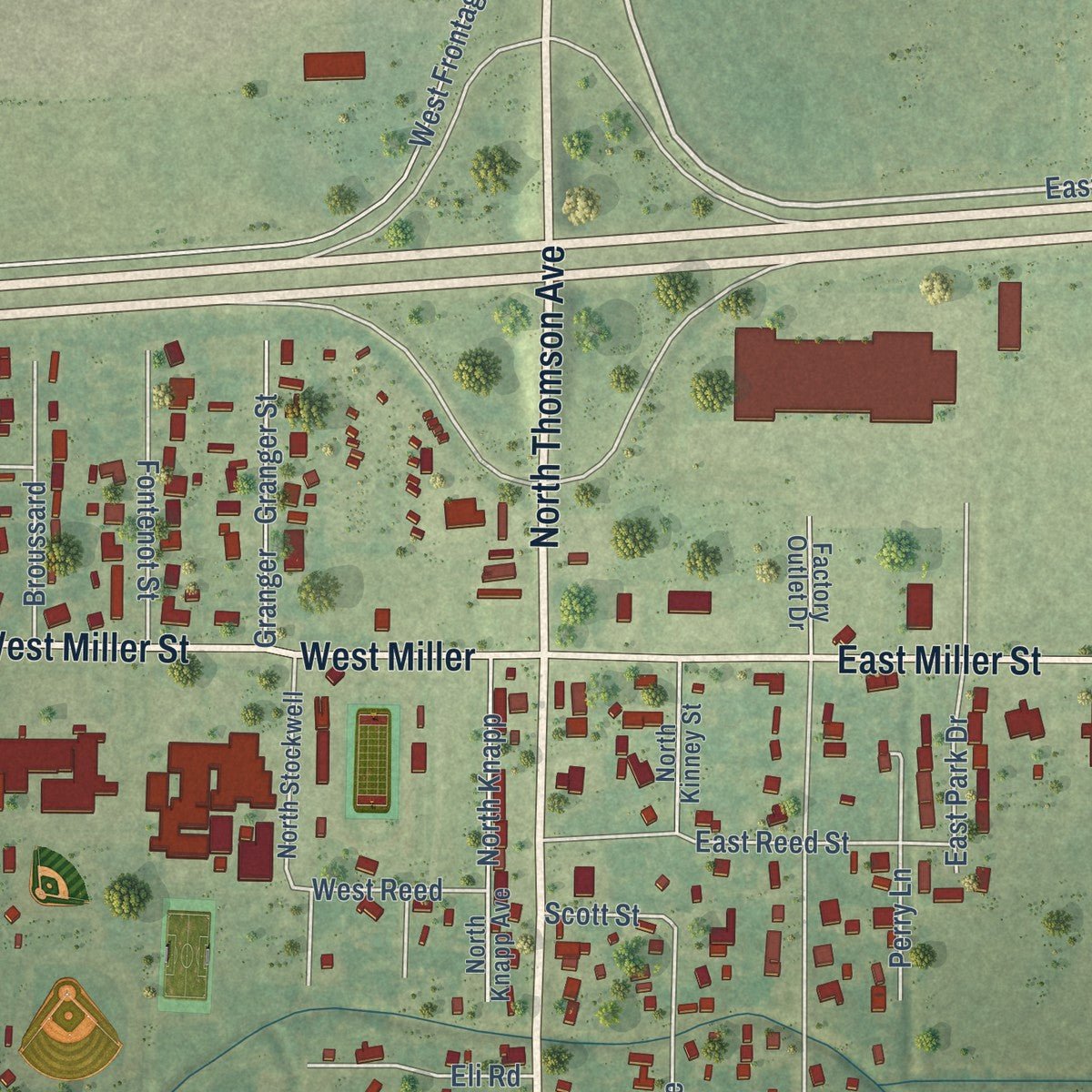 Second close-up of the map of Iowa, Louisiana print showing more streets and buildings