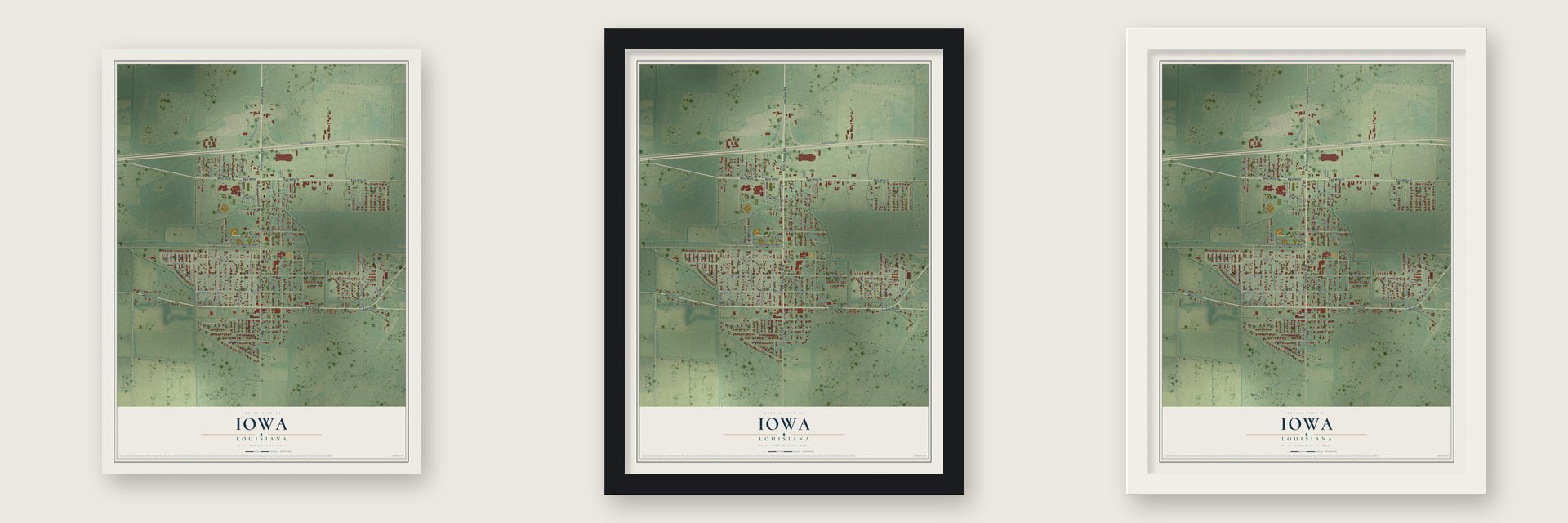 Iowa, Louisiana map unframed, in a black wood frame and in a white wood frame