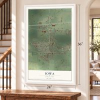 Iowa, Louisiana map, 24 x 36 inch print in a white frame by a staircase