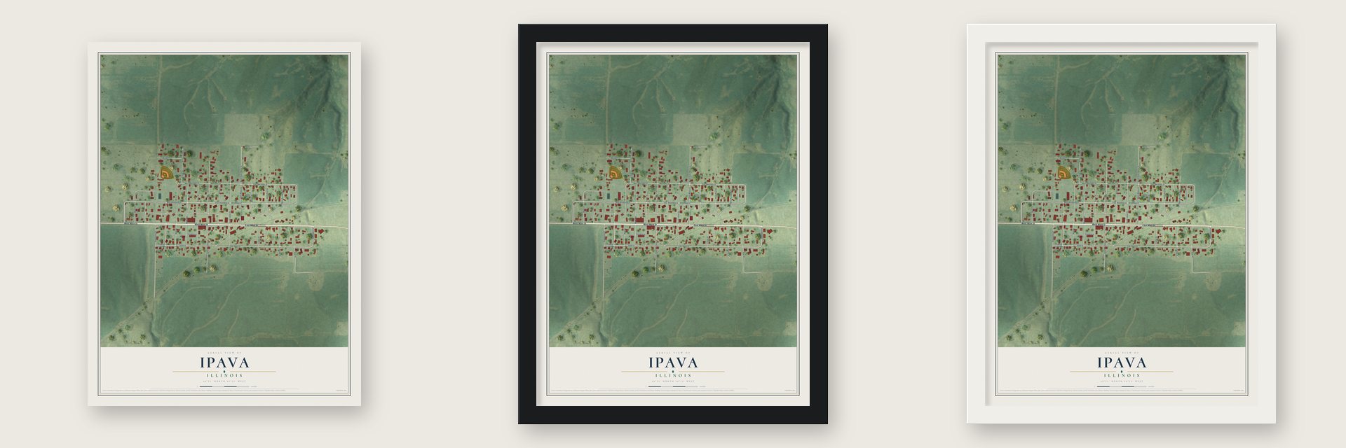 Ipava, Illinois map unframed, in a black wood frame and in a white wood frame