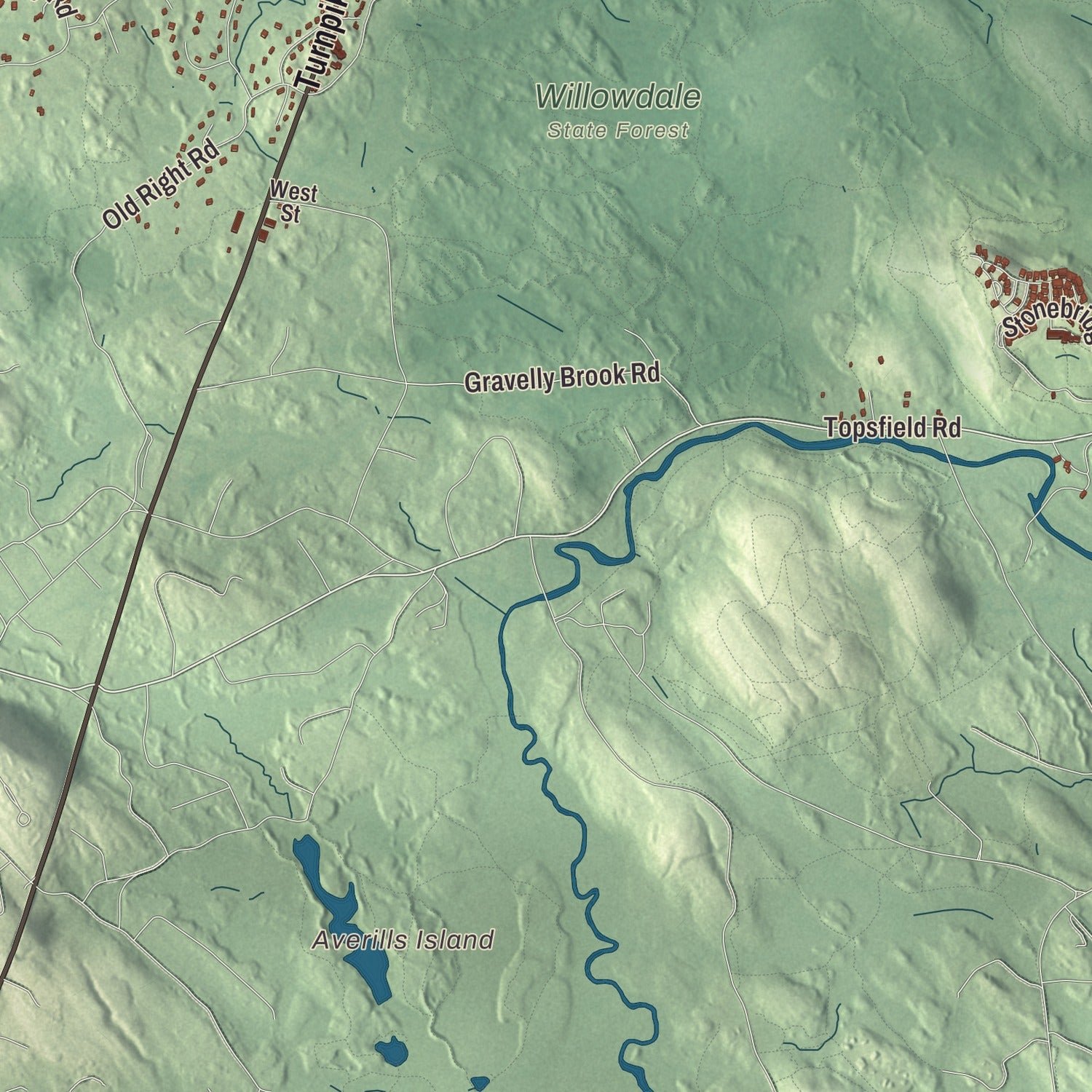 Close-up of the map of Ipswich, Massachusetts print showing terrain and local geography