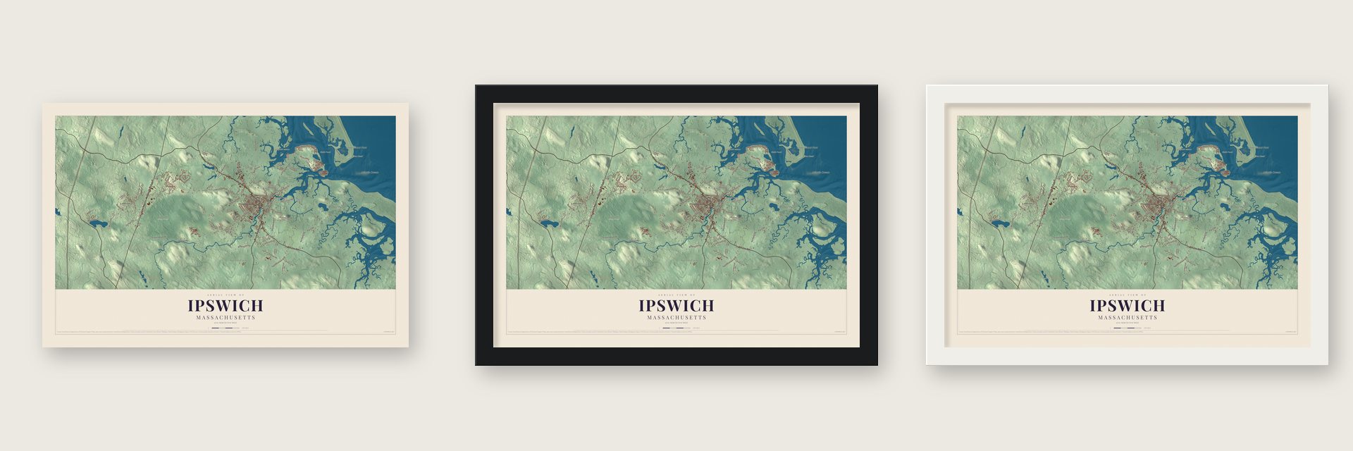 Ipswich, Massachusetts map unframed, in a black wood frame and in a white wood frame