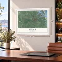 Ipswich, Massachusetts map, 18 x 24 inch print in a white frame in a home office