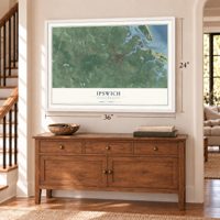Ipswich, Massachusetts map, 24 x 36 inch print in a white frame above a dresser by a staircase