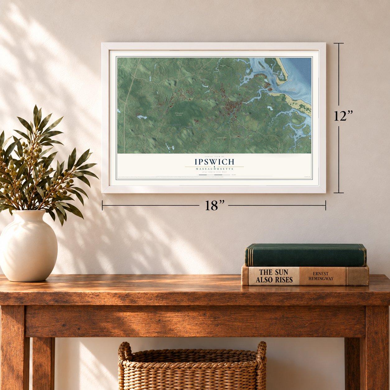 Ipswich, Massachusetts map, 12 x 18 inch print in a white frame in an entryway