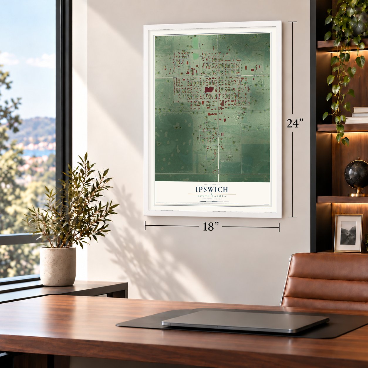 Ipswich, South Dakota map, 18 x 24 inch print in a white frame in a home office