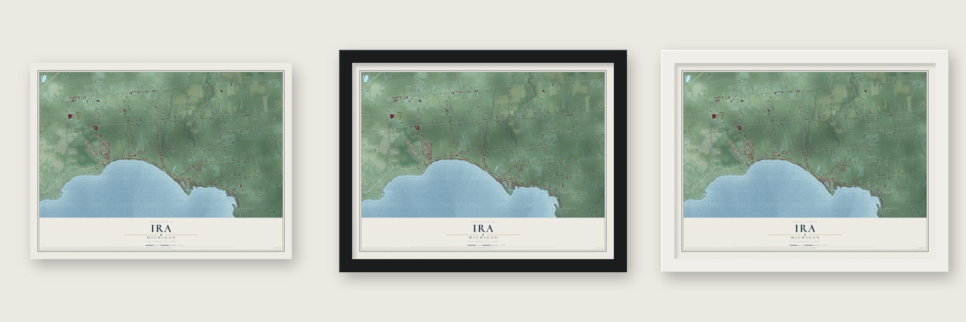 Ira, Michigan map unframed, in a black wood frame and in a white wood frame