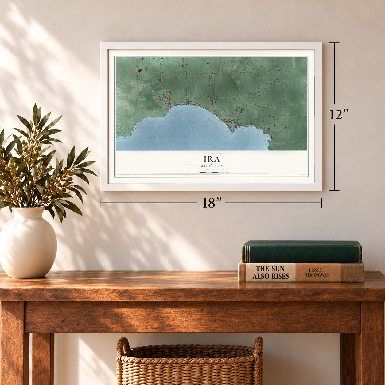 Ira, Michigan map, 12 x 18 inch print in a white frame in an entryway