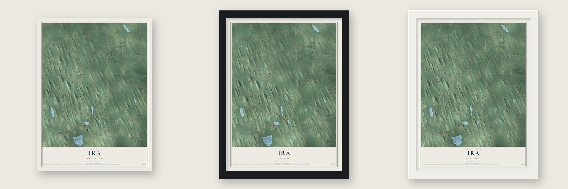 Ira, New York map unframed, in a black wood frame and in a white wood frame