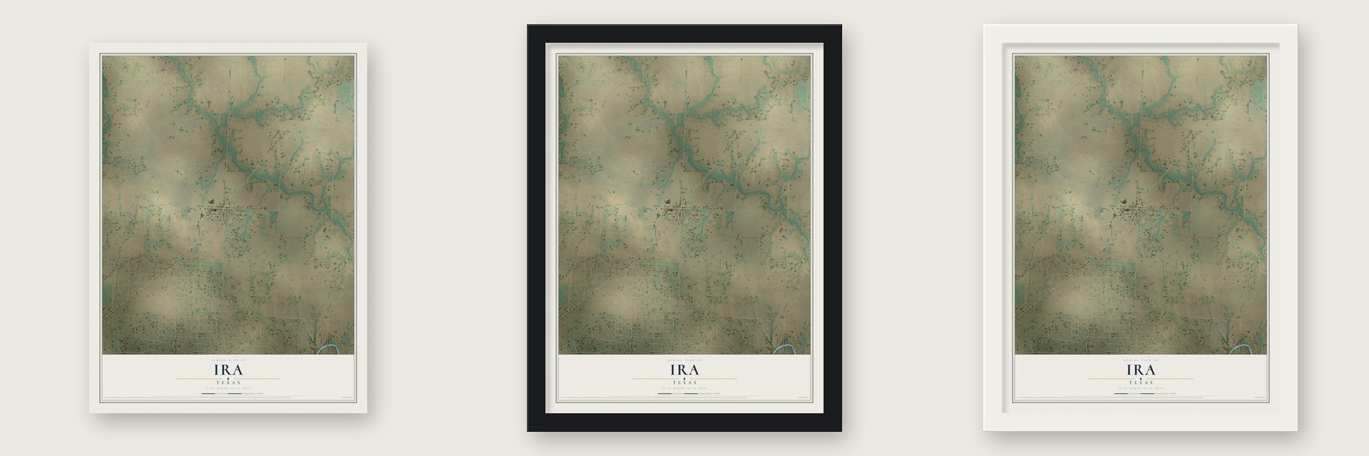 Ira, Texas map unframed, in a black wood frame and in a white wood frame