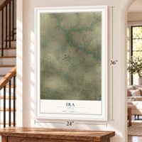 Ira, Texas map, 24 x 36 inch print in a white frame by a staircase