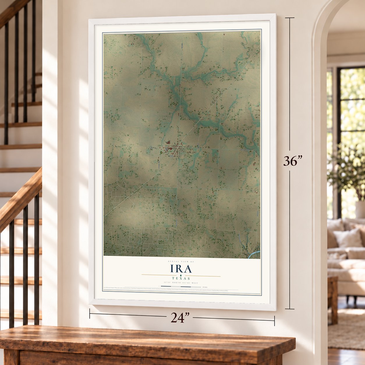 Ira, Texas map, 24 x 36 inch print in a white frame by a staircase