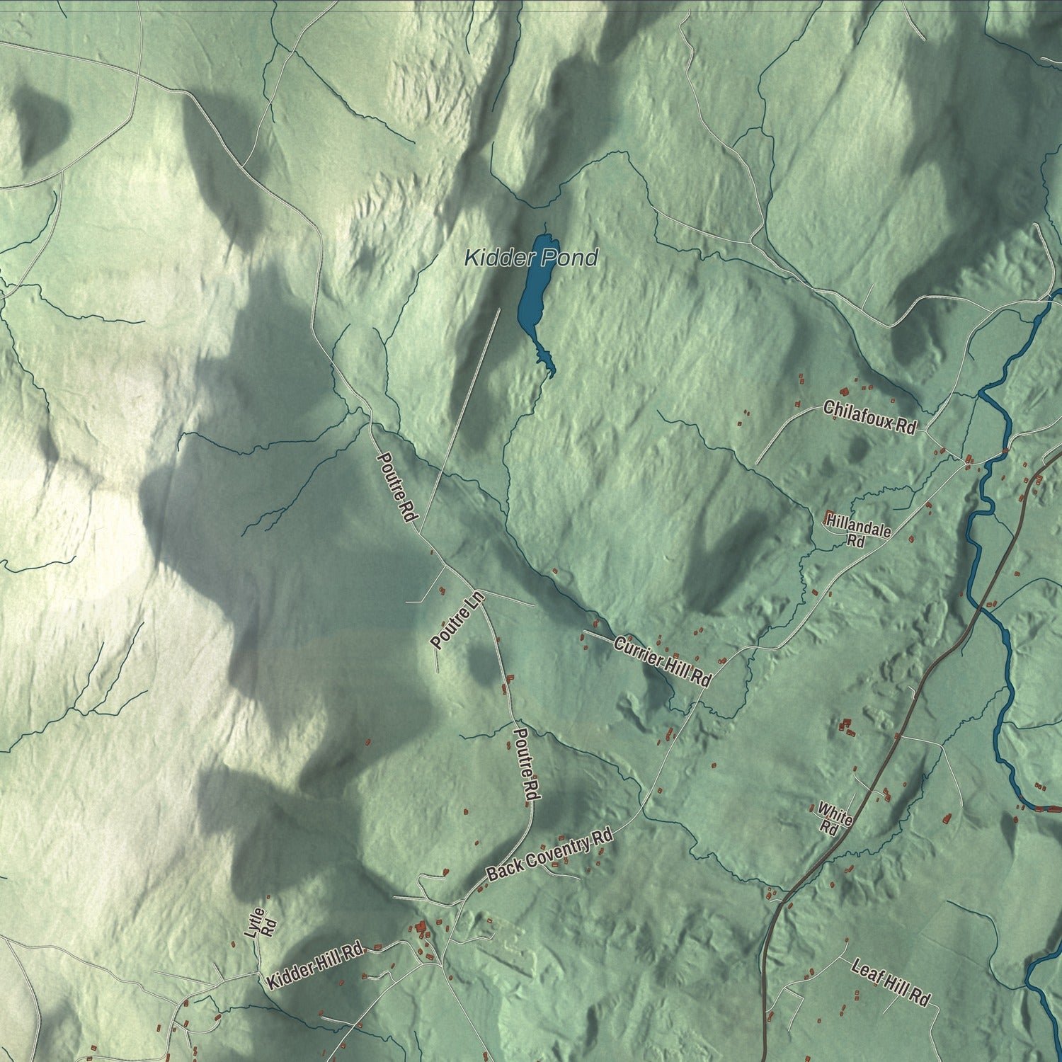 Close-up of the map of Irasburg, Vermont print showing terrain and local geography