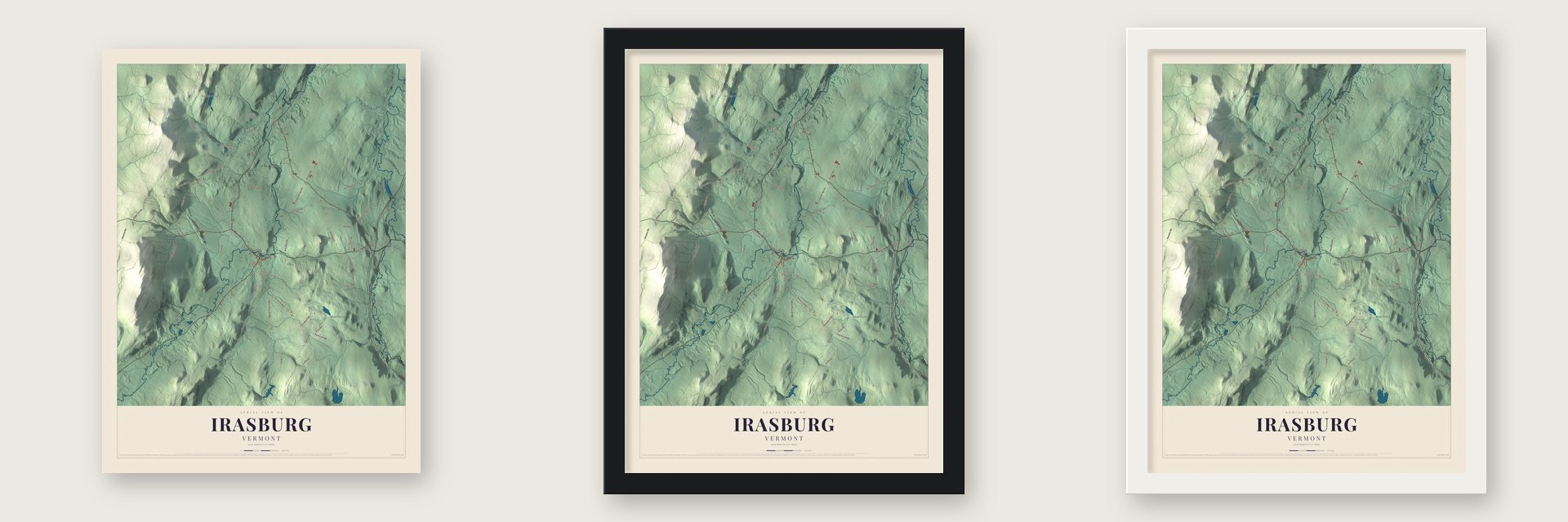 Irasburg, Vermont map unframed, in a black wood frame and in a white wood frame