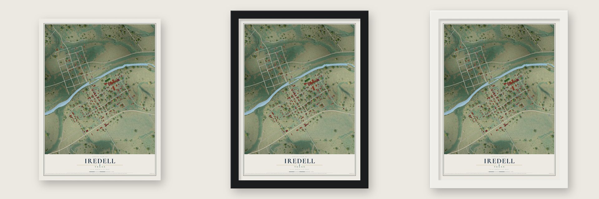 Iredell, Texas map unframed, in a black wood frame and in a white wood frame