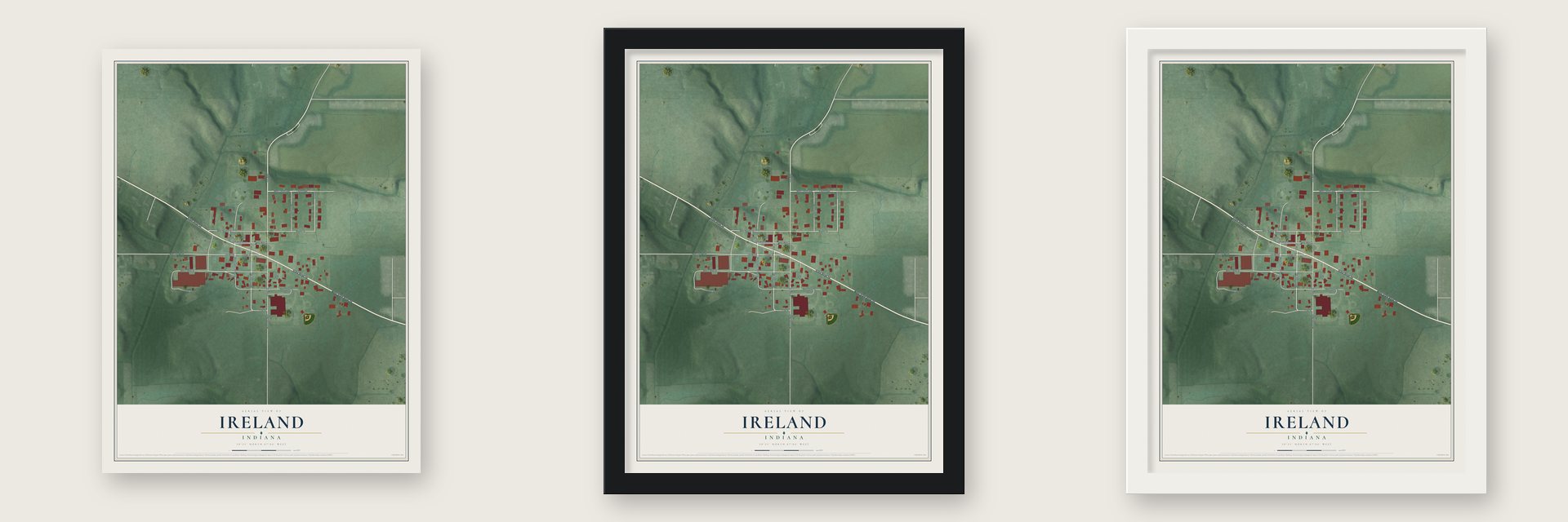 Ireland, Indiana map unframed, in a black wood frame and in a white wood frame
