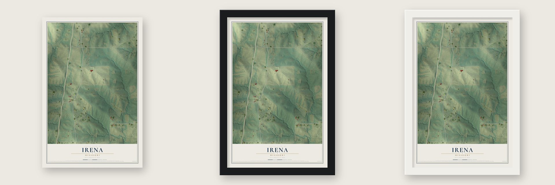 Irena, Missouri map unframed, in a black wood frame and in a white wood frame