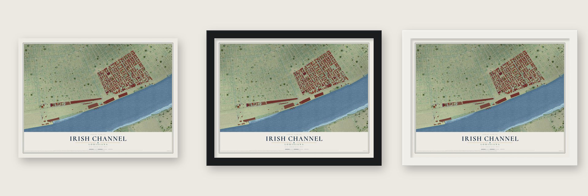 Irish Channel, Louisiana map unframed, in a black wood frame and in a white wood frame