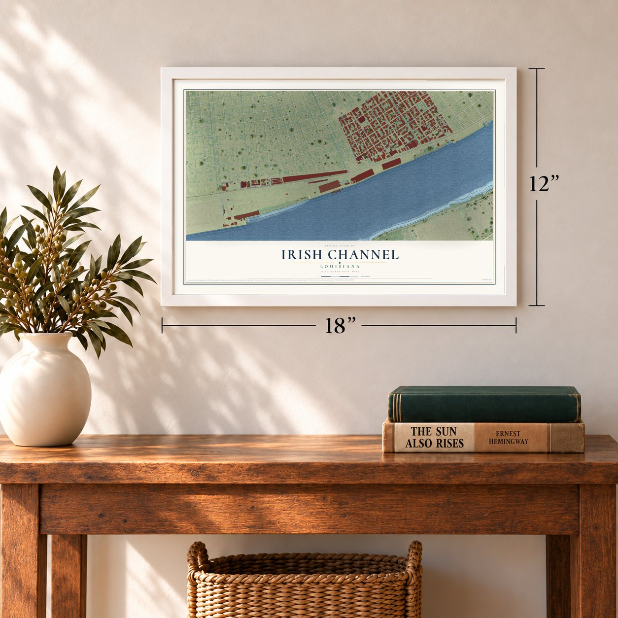 Irish Channel, Louisiana map, 12 x 18 inch print in a white frame in an entryway