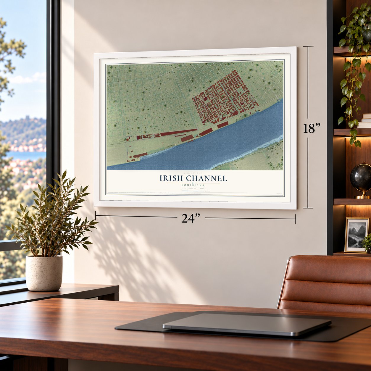 Irish Channel, Louisiana map, 18 x 24 inch print in a white frame in a home office