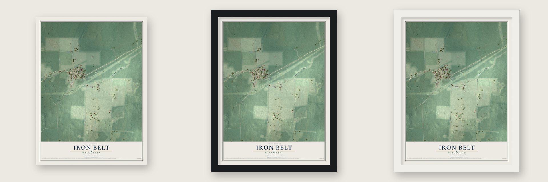 Iron Belt, Wisconsin map unframed, in a black wood frame and in a white wood frame