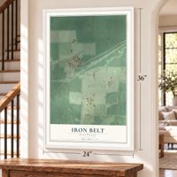 Iron Belt, Wisconsin map, 24 x 36 inch print in a white frame by a staircase