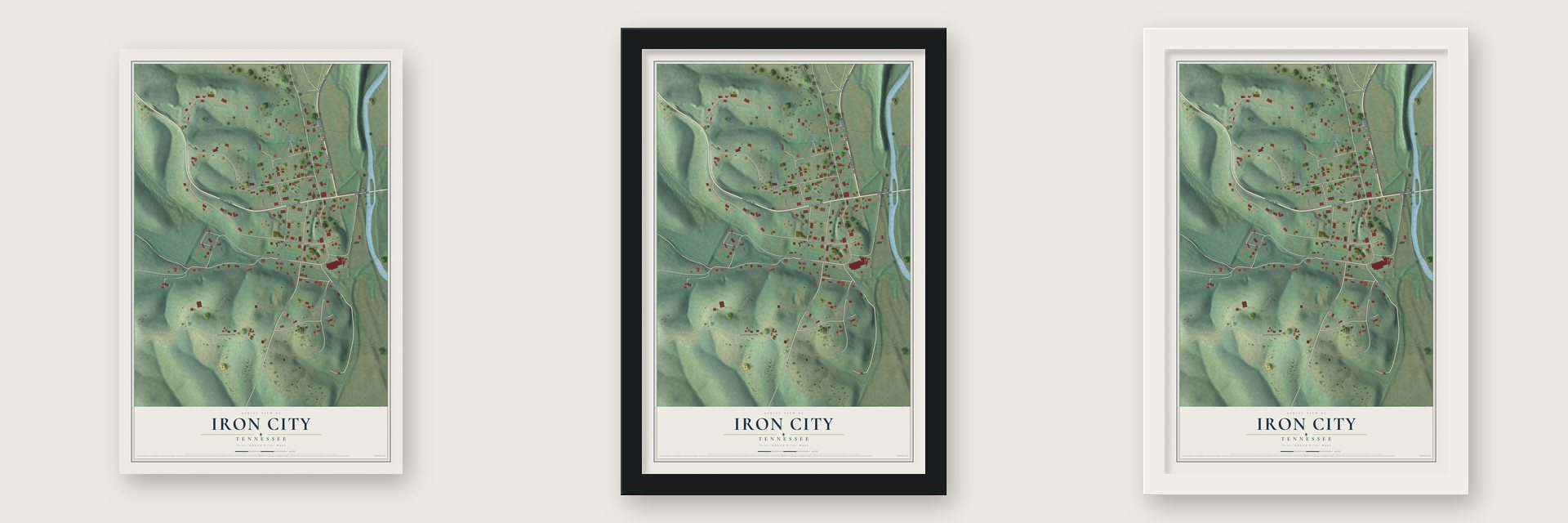 Iron City, Tennessee map unframed, in a black wood frame and in a white wood frame