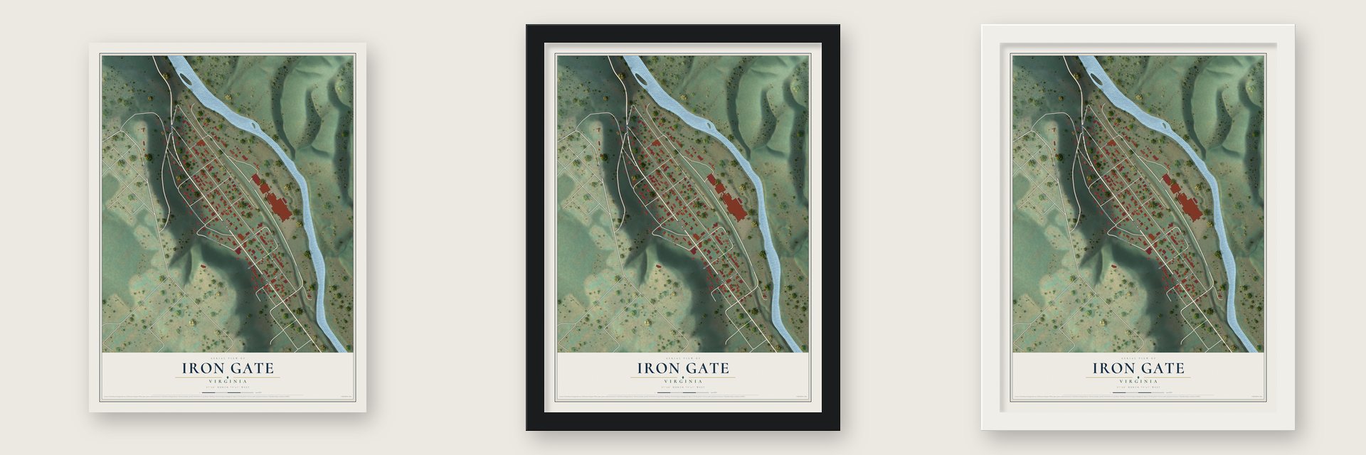 Iron Gate, Virginia map unframed, in a black wood frame and in a white wood frame