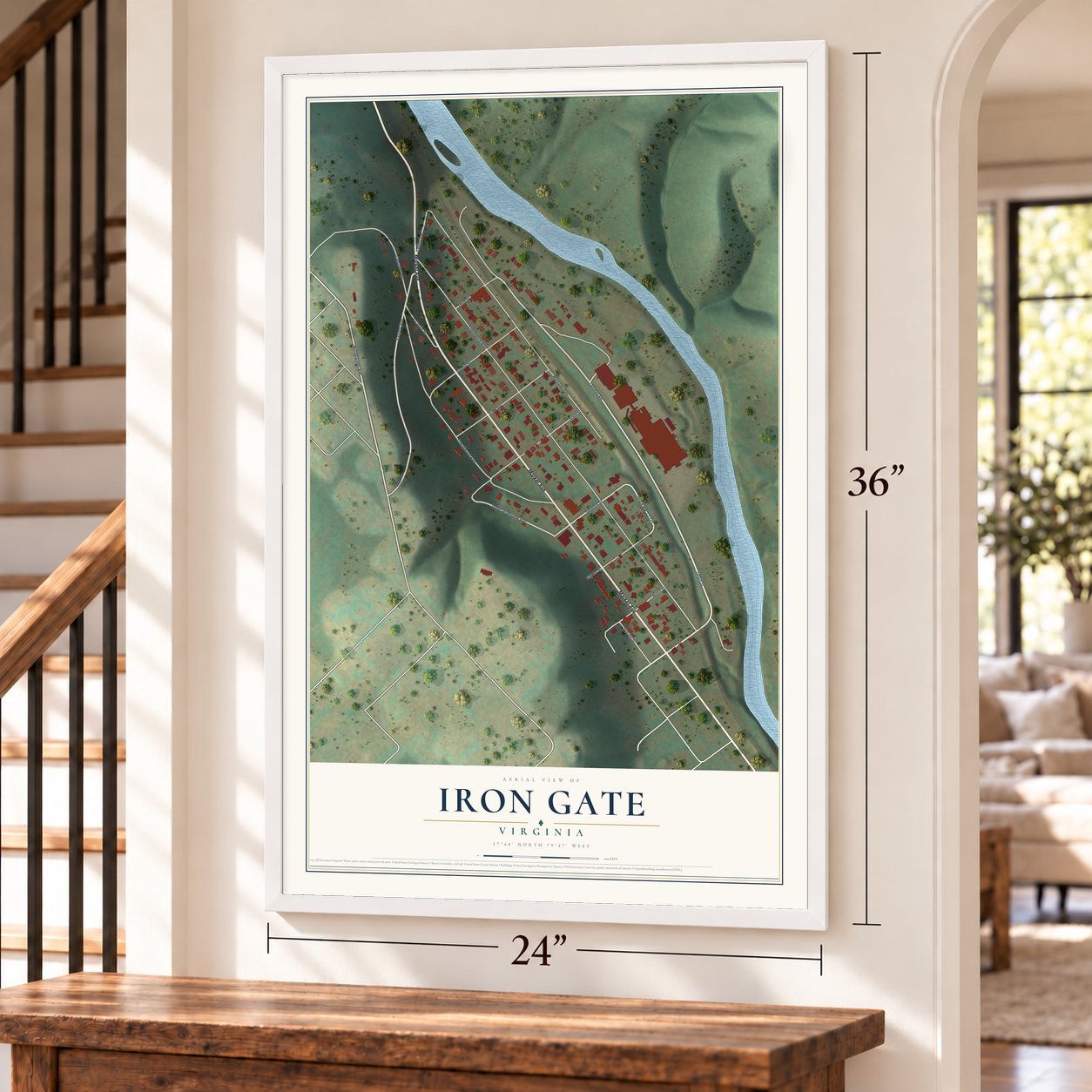 Iron Gate, Virginia map, 24 x 36 inch print in a white frame by a staircase