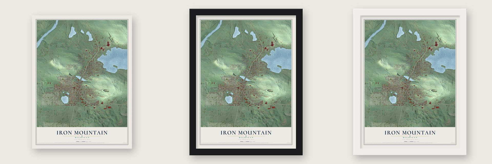 Iron Mountain, Michigan map unframed, in a black wood frame and in a white wood frame