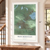Iron Mountain, Michigan map, 24 x 36 inch print in a white frame by a staircase