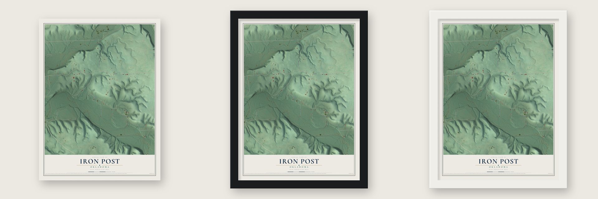 Iron Post, Oklahoma map unframed, in a black wood frame and in a white wood frame