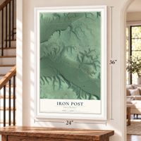 Iron Post, Oklahoma map, 24 x 36 inch print in a white frame by a staircase