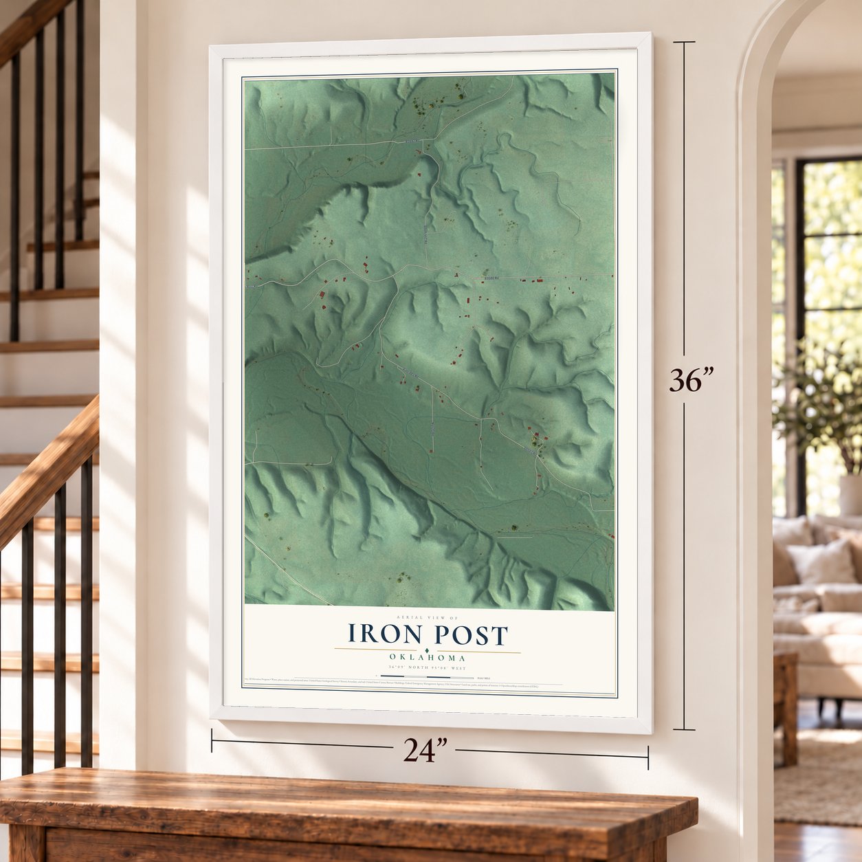 Iron Post, Oklahoma map, 24 x 36 inch print in a white frame by a staircase