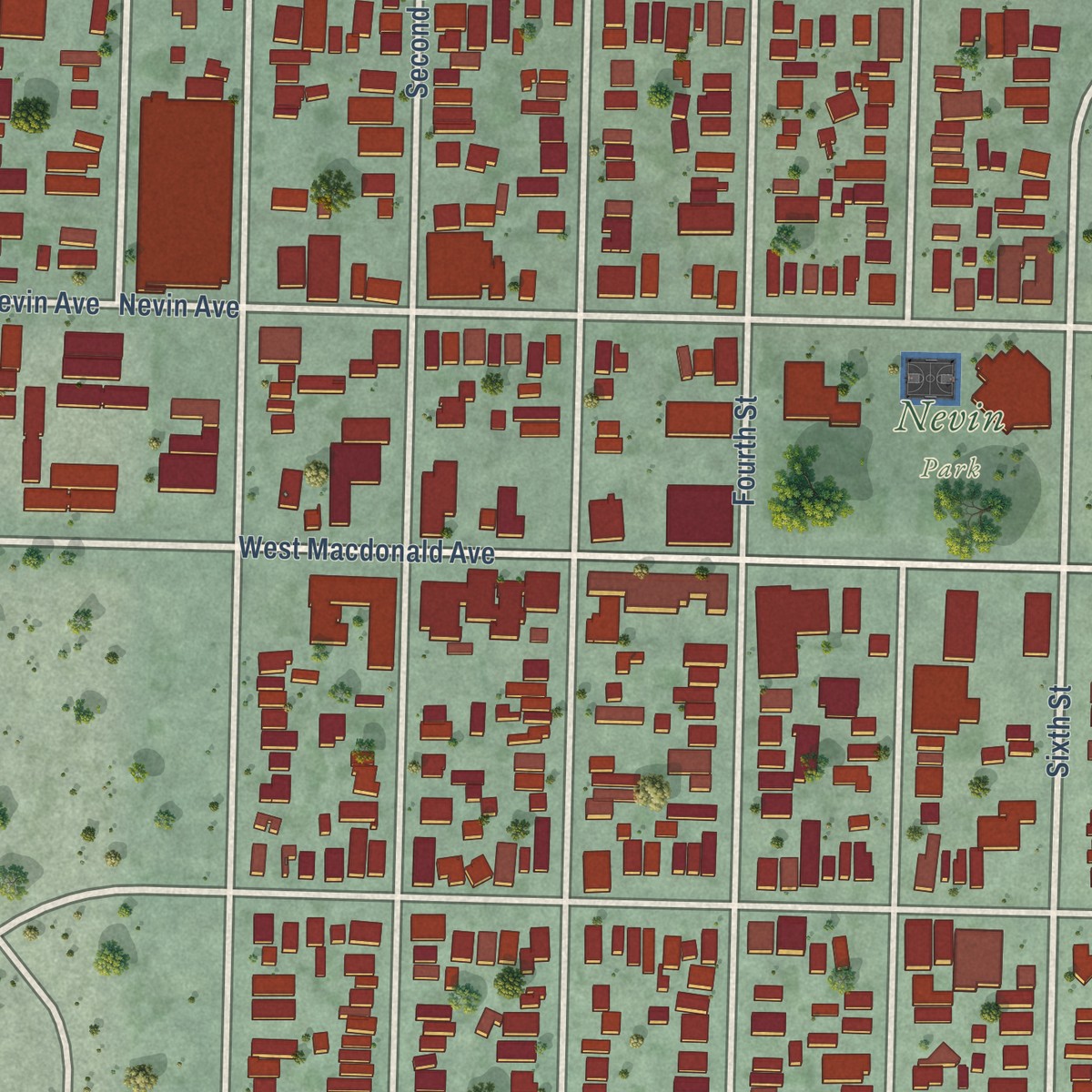 Second close-up of the map of Iron Triangle, California print showing more streets and buildings