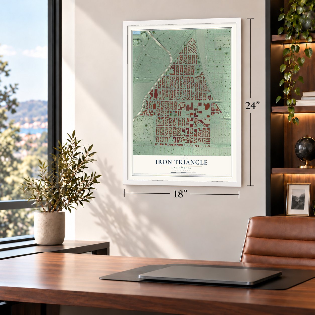 Iron Triangle, California map, 18 x 24 inch print in a white frame in a home office