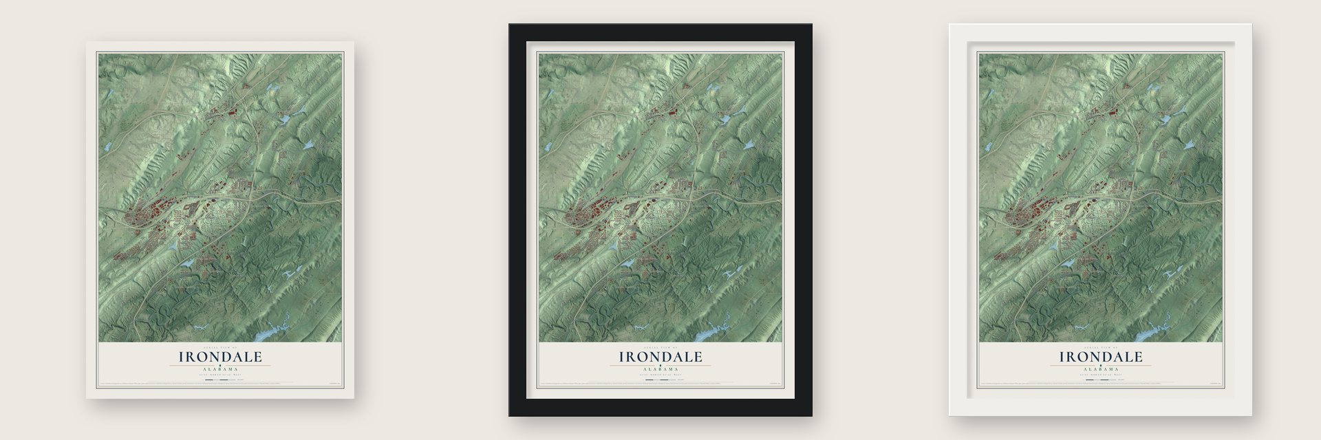 Irondale, Alabama map unframed, in a black wood frame and in a white wood frame