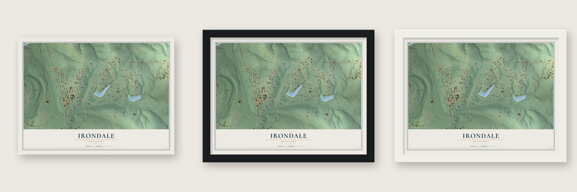 Irondale, Missouri map unframed, in a black wood frame and in a white wood frame