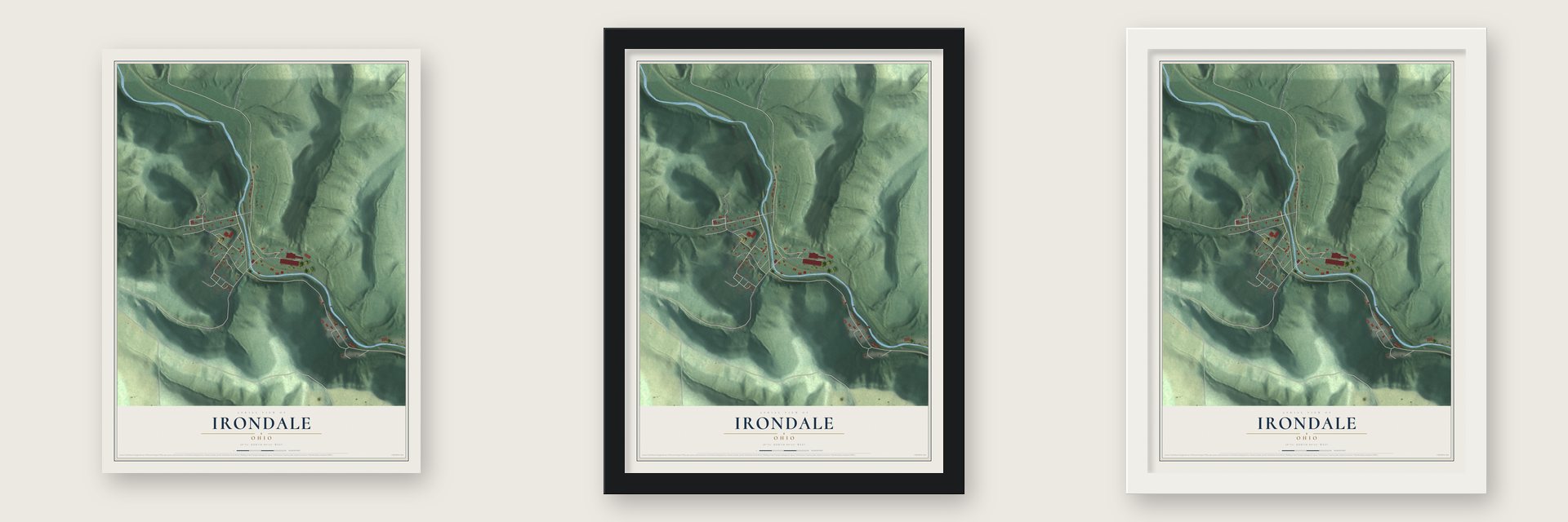 Irondale, Ohio map unframed, in a black wood frame and in a white wood frame