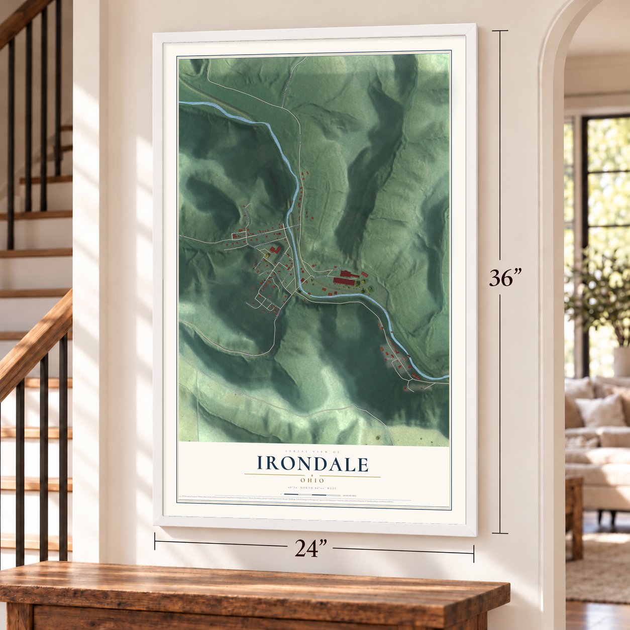 Irondale, Ohio map, 24 x 36 inch print in a white frame by a staircase