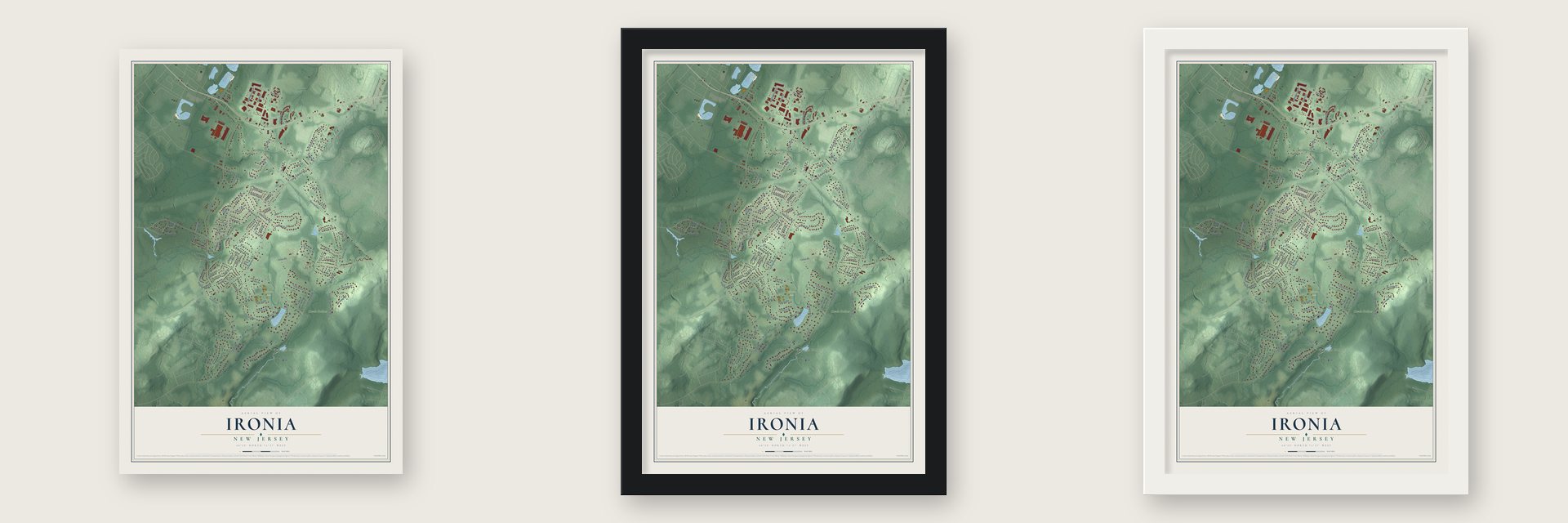 Ironia, New Jersey map unframed, in a black wood frame and in a white wood frame