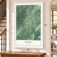 Ironia, New Jersey map, 24 x 36 inch print in a white frame by a staircase