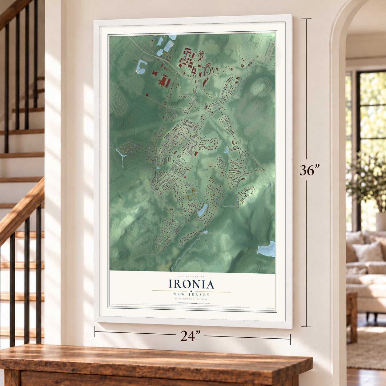 Ironia, New Jersey map, 24 x 36 inch print in a white frame by a staircase