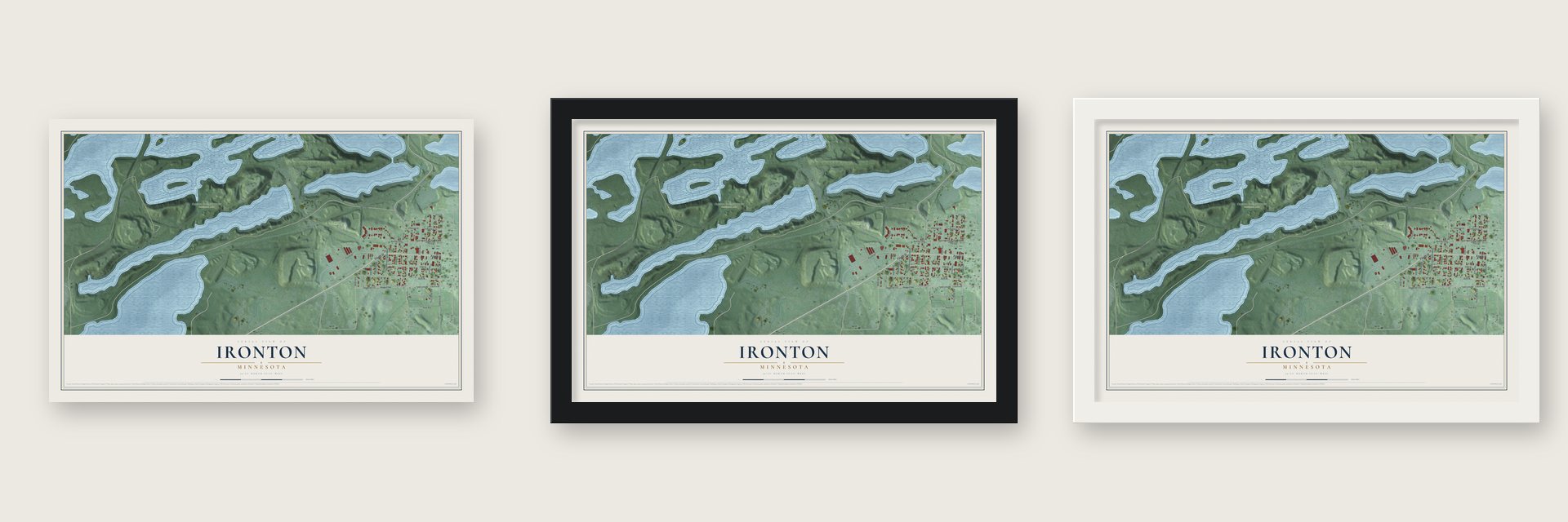 Ironton, Minnesota map unframed, in a black wood frame and in a white wood frame