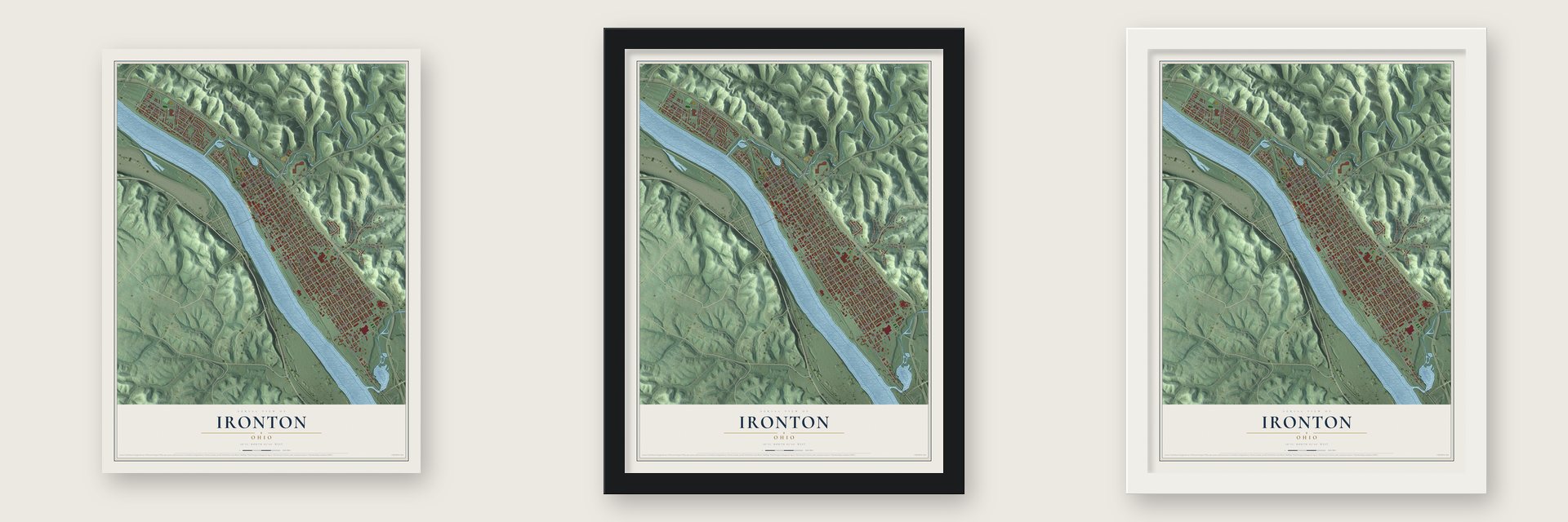 Ironton, Ohio map unframed, in a black wood frame and in a white wood frame