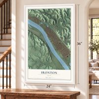 Ironton, Ohio map, 24 x 36 inch print in a white frame by a staircase